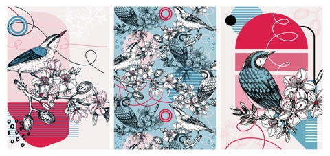 Valentine's day cards set. Collage style birds background. Hand-drawn vector illustration. Beautiful bird, blooming branch, almond, spring flower sketches. Trendy style love poster, print, wall art